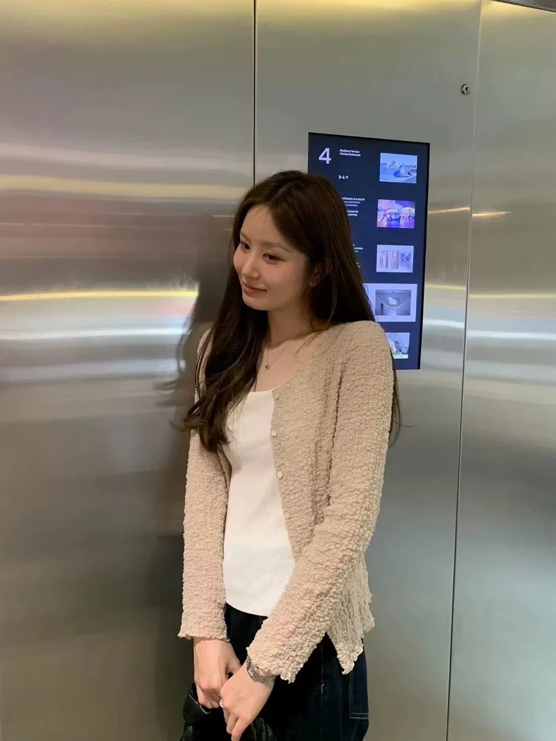 

MOSA2026 Spring New Dongdaemun Color round Ne Single Button Pleated Wood ain Long Sve Open Cardigan Women