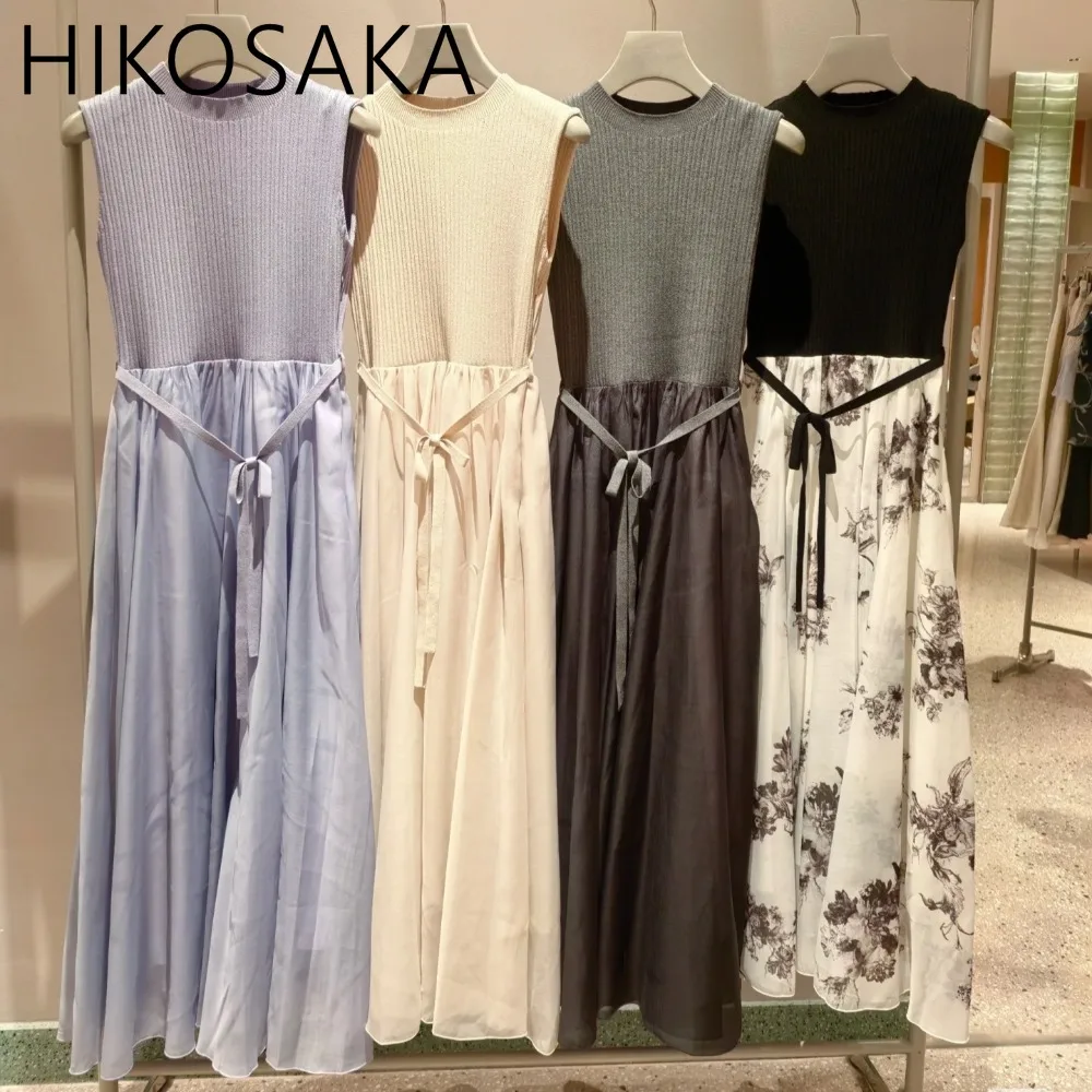 

O-neck Sleeveless Knit Patchwork Women Dress Japan Style Vintage Elegant Slim Fit High Waist A-line Robe Lace Up Sweet Vestidos