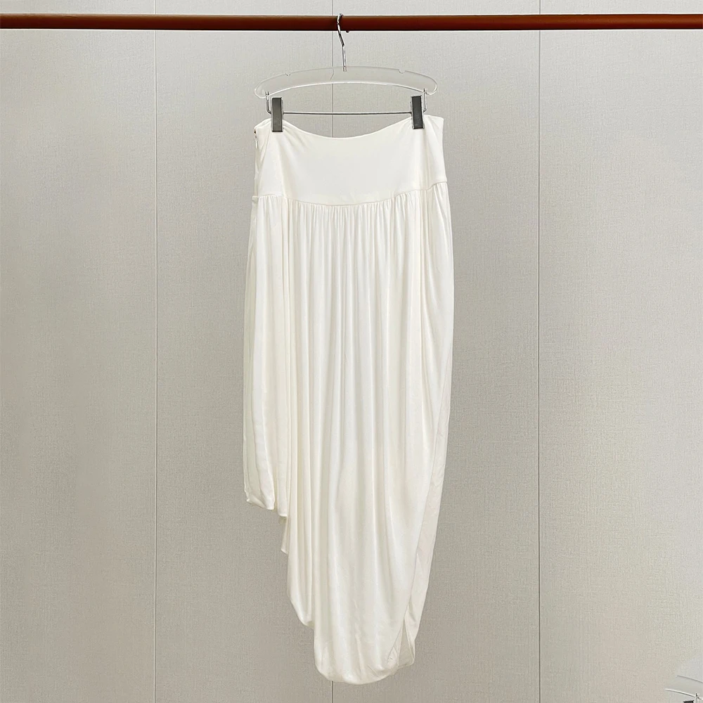 Women High Waist Gathered Midi Maxi Skirt Asymmetrical Uneven Hem Draped Flowy Loose Fit Elegant Casual Party Ladies Long Skirt