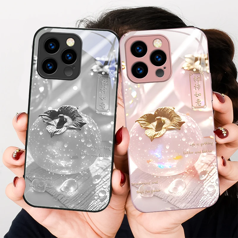 

Purple crystal persimmon For iPhone 16 E 15 14 13 Plus 12 mini 11 Pro Max XR Xs X 7 8 P lus 6 6S 16E Tempered Glass Phone Case