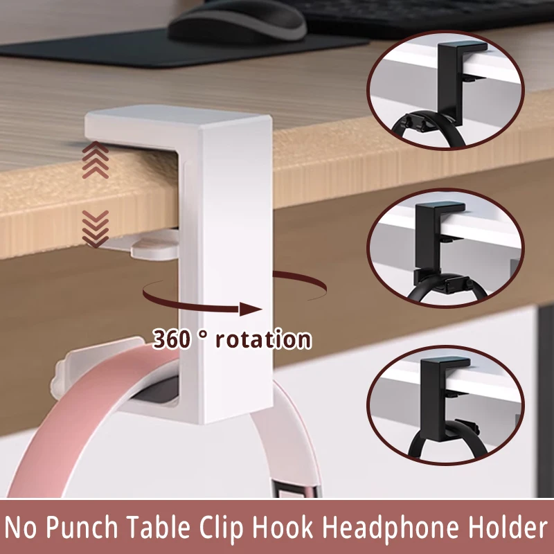 

No Punch Hook Table Clip Headphone Holder 360 Degree Rotating Headphone Holder Storage Organizer Clothes Hanging Key Holder Hook