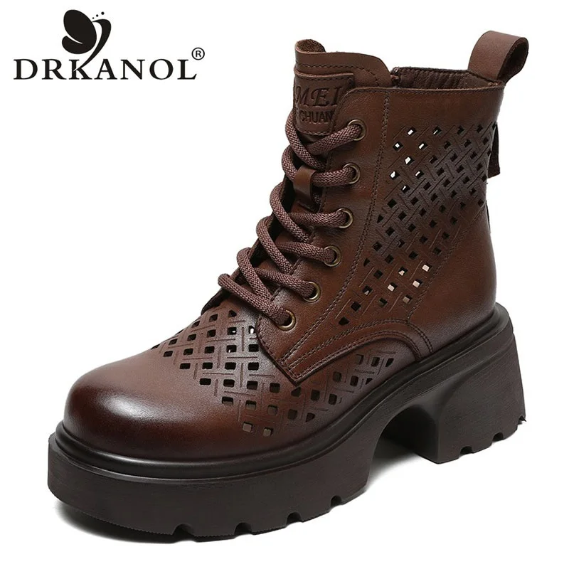 

DRKANOL 2024 Handmade Retro Summer Platform Boots Women Hollow Out Breathable Genuine Leather Thick High Heel Casual Ankle Boots