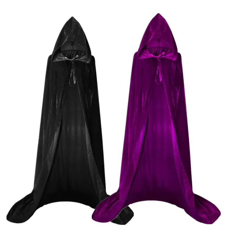 

Бархатная накидка для взрослых и детей, плащ с капюшоном на Хэллоуин, костюм, черный, фиолетовый, наряд для вечеринки, накидка с капюшоном смерти