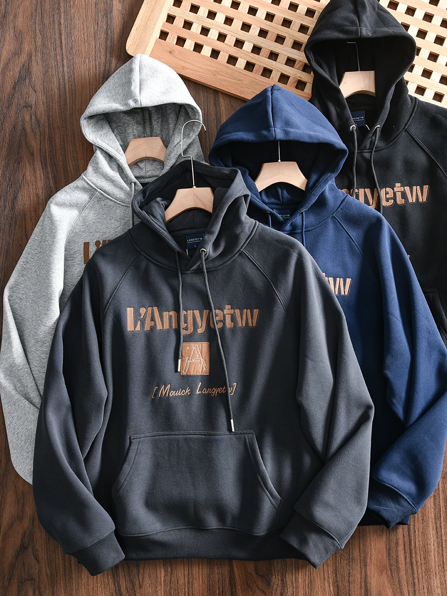 

Retro American Letter Patchwork Embroidered Fleece Lined Hoodie Men's Winter Warm Versatile Casual Sweatshirt Trendy