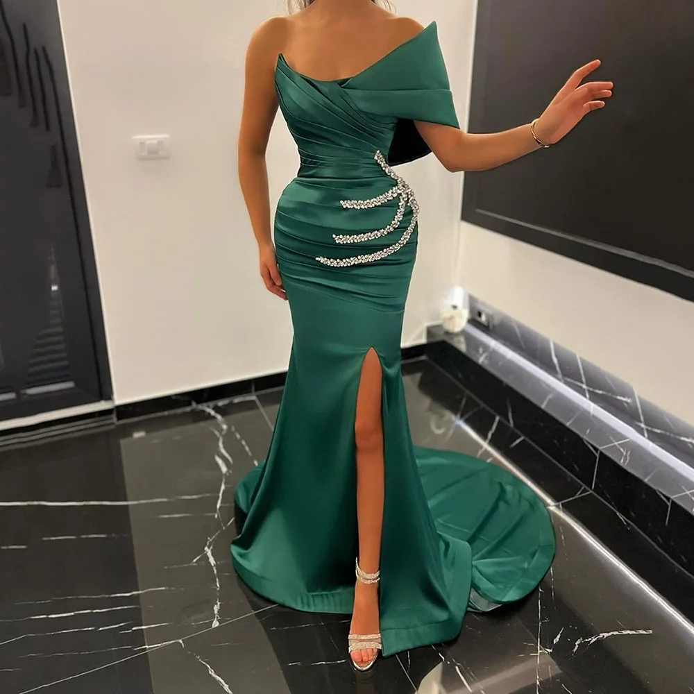 

Msikoods One Shoulder Green Satin Mermaid Evening Dresses Sexy Beads Side Slit Formal Prom Dress Robe de soirée For Women Party