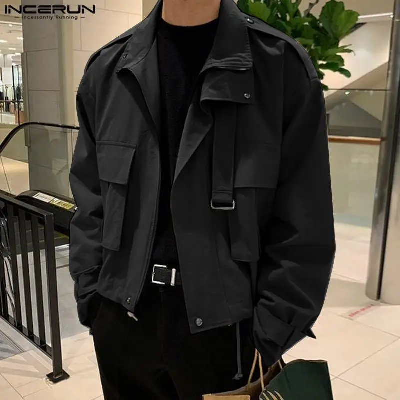 

INCERUN Men Jackets Solid Color Lapel Long Sleeve Pockets Zipper Casual Male Cargo Coats Streetwear 2023 Fashion Outerwear S-5XL
