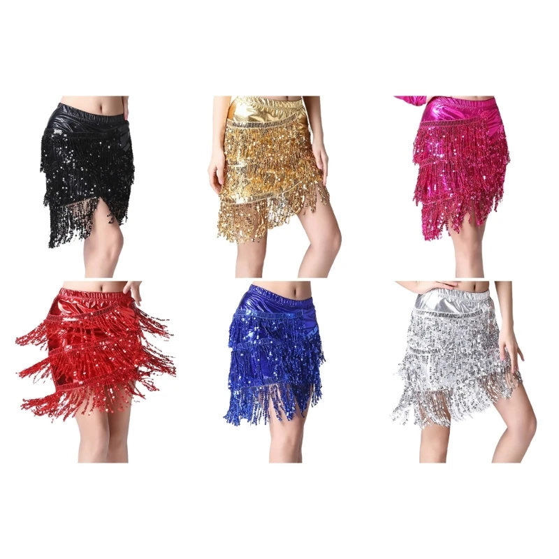 

50JB Latin Dance Sequins Tassels Bodycon Mini Skirt Party Fringed Skirts for Women