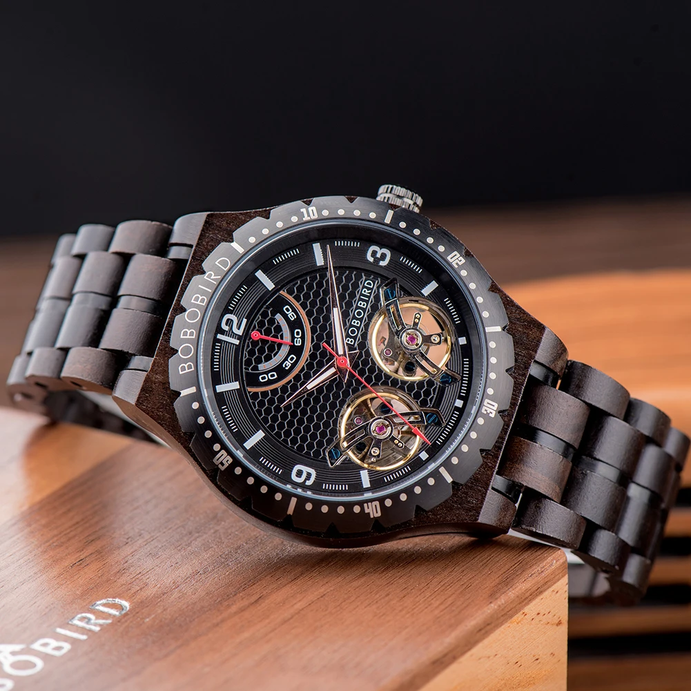 Relógio mecânico masculino de madeira turbilhão duplo bobby, nome personalizado, capa traseira, texto, relógio de pulso automático para homens, dropshipping