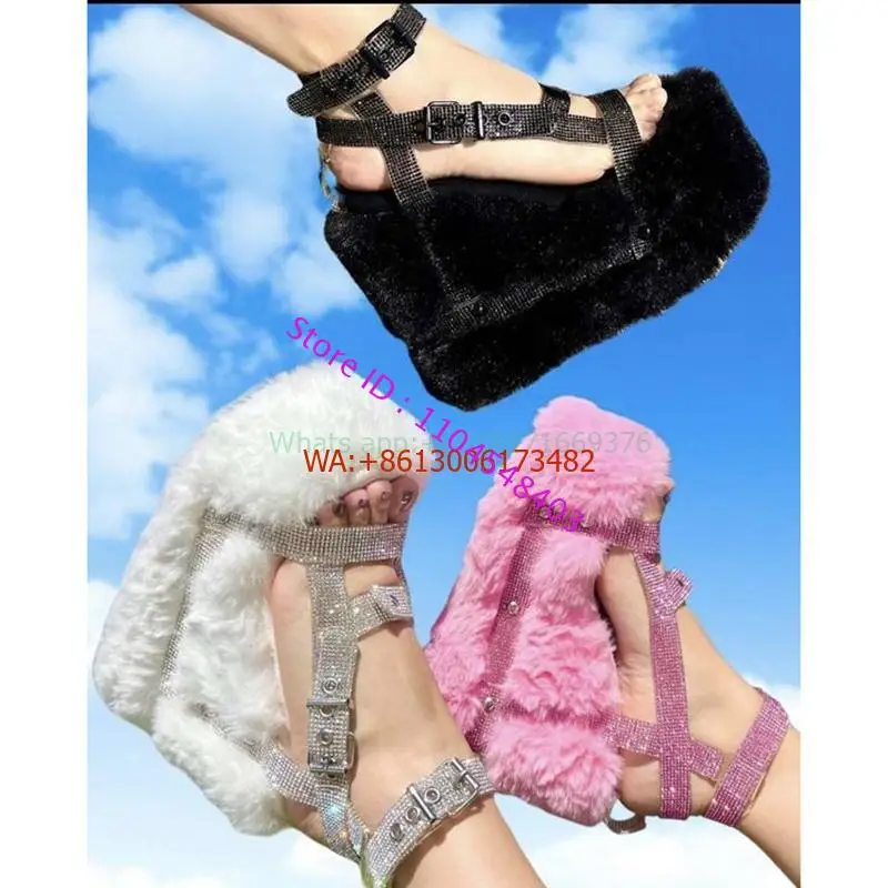 

Sugar Wedges Fur Pink Platform Sandals Women Slingback Buckle Glitter High Heel Sandals Dress Design Round Toe Faux Fur Sandals