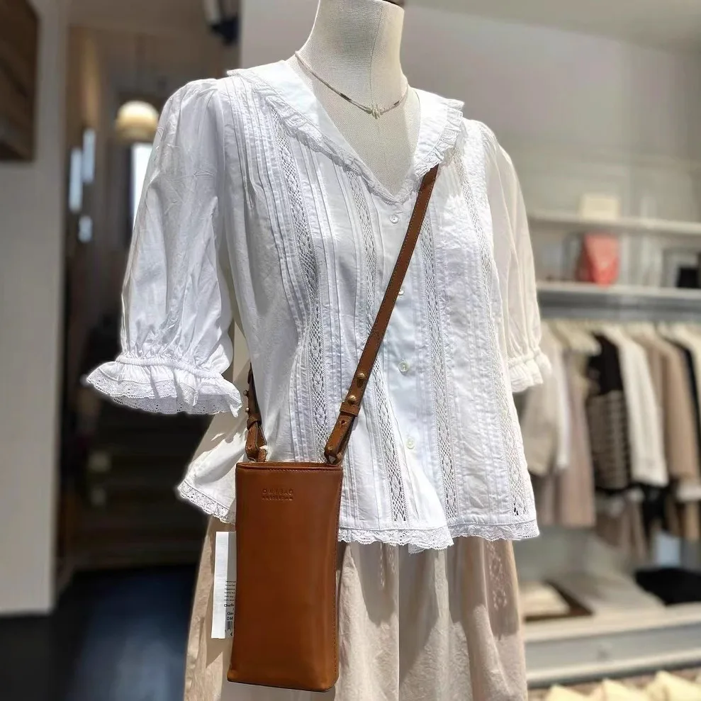 

French Sle Lace Trim Accordion Pleat irt V Ne ort Sve Women's Top Cotton 00% Pure Color Button Closure