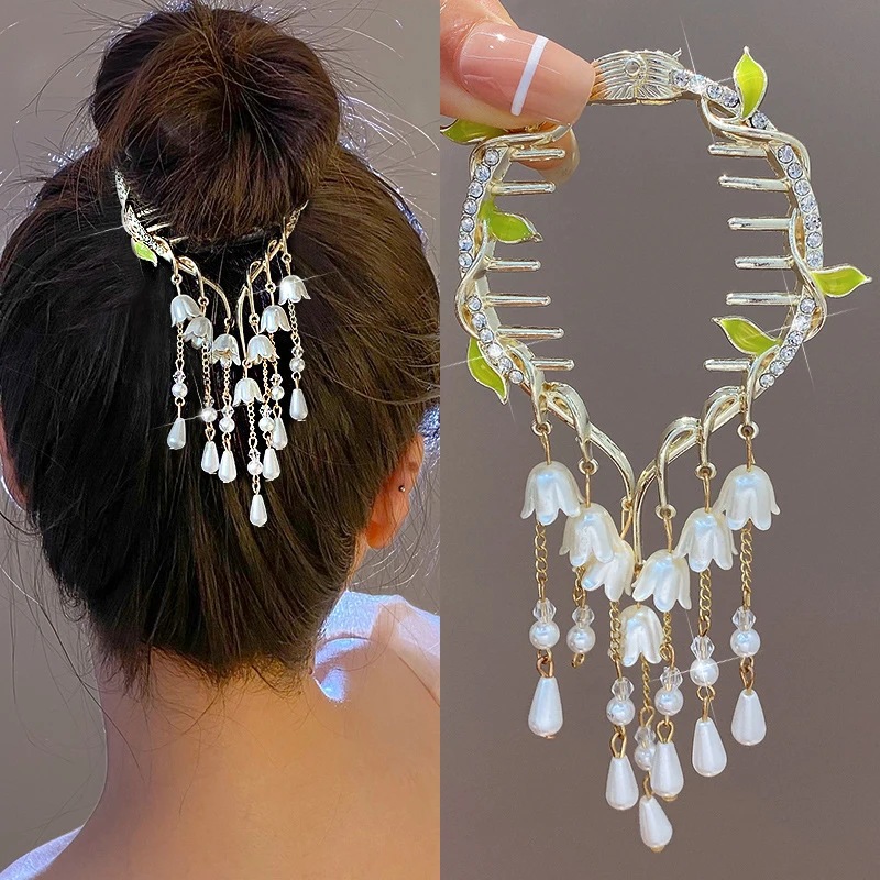 Elegant Lily Of The Valley Flower Pearl Rhinestone Tassel Ponytail Buckle Hair Bun Clips Hair Pins Women Girls Hair Accessories