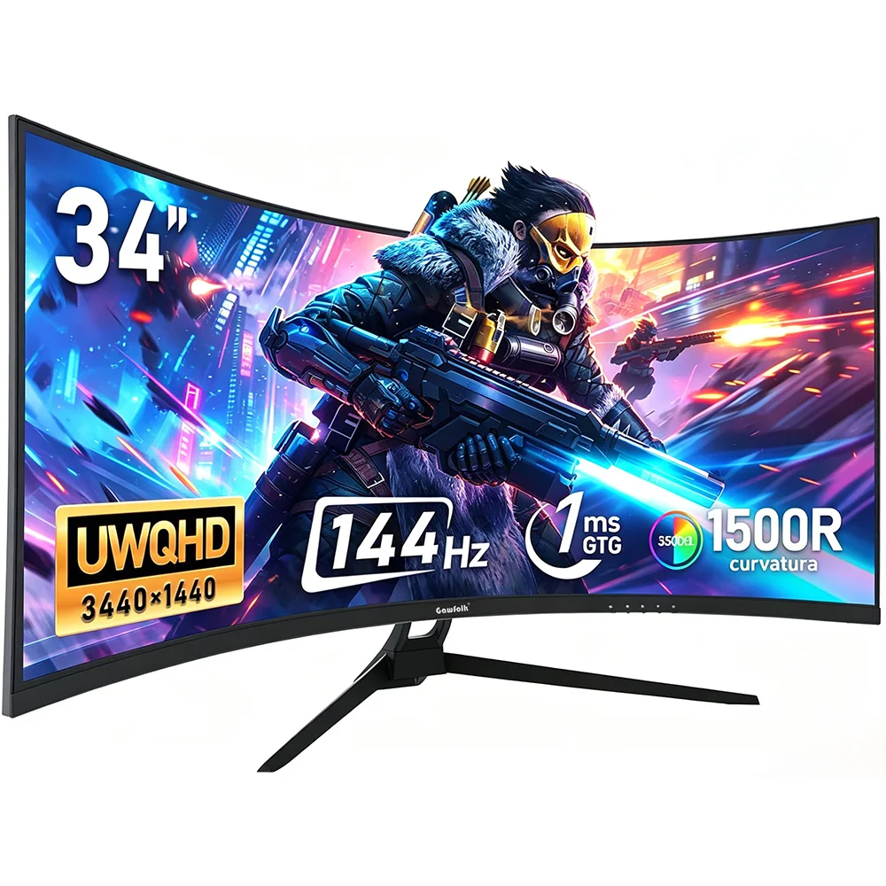 Gawfolk 34 Zoll Ultrawide Curved Gaming Monitor, 1500R Krümmung 165Hz UWQHD, Gebogener Computerbildschirm mit FreeSync
