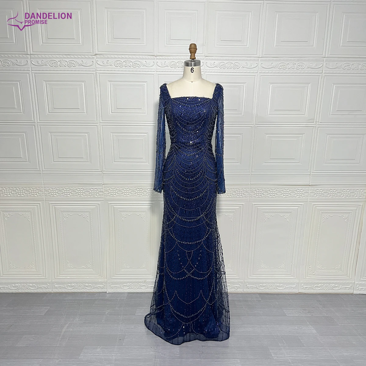 Elegant Mermaid Pearls Evening Dress for Women Dubai Arabic Muslim Long Sleeves Square Collar Formal Prom Wedding Party Gowns