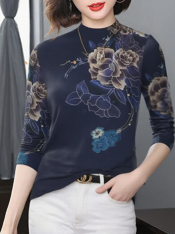 

Thickened Fleece Long Sleeve Floral Print Half High Collar Base Shirt for Middle-Aged Women Warm Flattering T-Shirt Polyester...