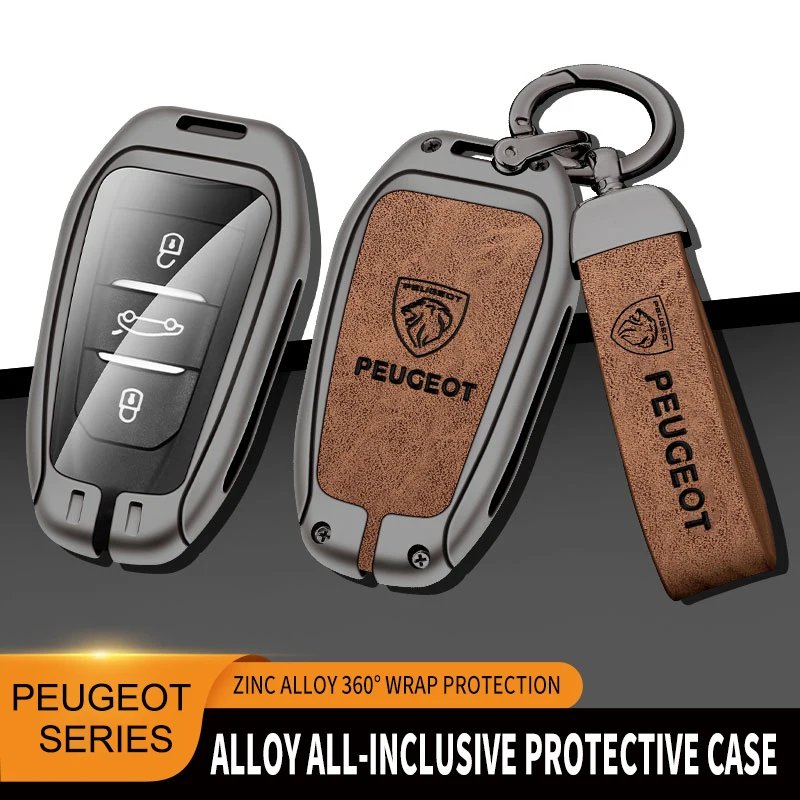 Lederen Zine Legering Auto Smart Key Case Shell Cover Protector Fob Voor Peugeot 308 408 508 2008 3008 4008 5008 Sleutelhanger Accessoires