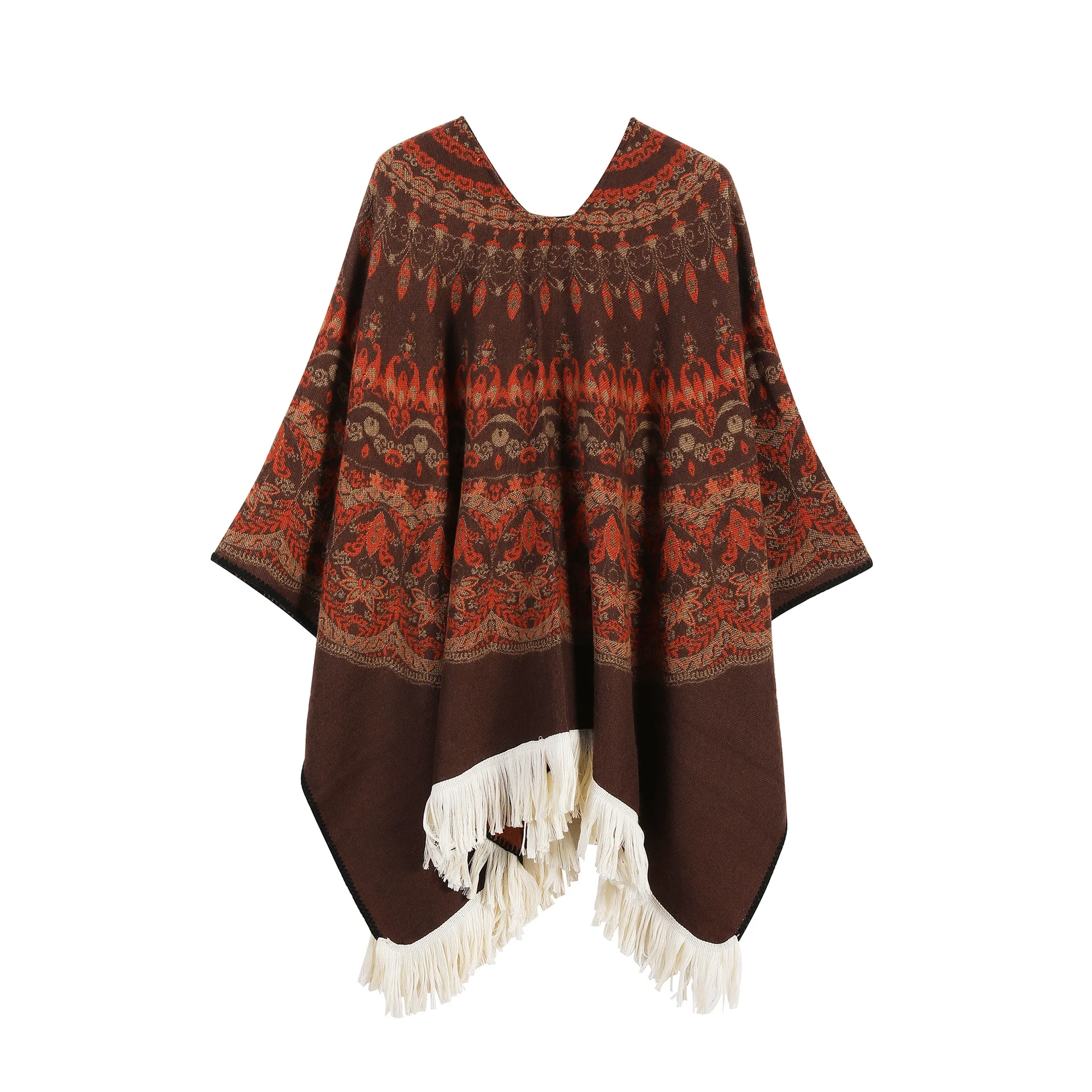 Women Bohemian Ethnic Print Pullover Poncho Tassel Shawl Travel Cape