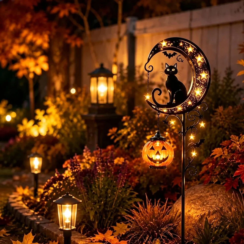 Solar Pumpkin Light Yard Warm Glow Light Decorative Waterproof Stake Lantern Halloween Black Cat Pumpkin Lamp For Patio Lawn