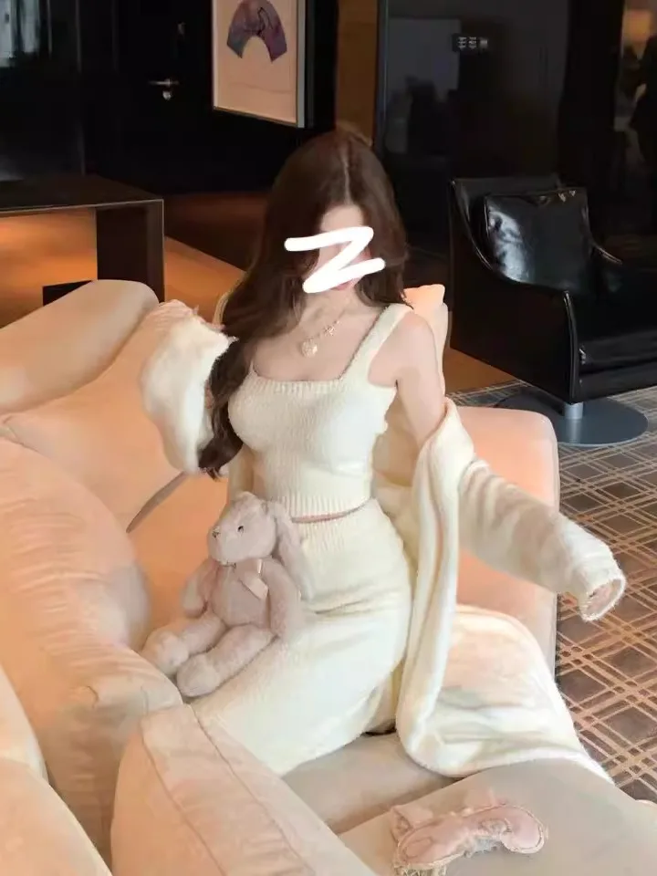 Chic Thick Long Half-Fleece Sleepwear Women's Winter Home Clothes Three-Piece Set Can Be Worn outside Soft Square Collar Design