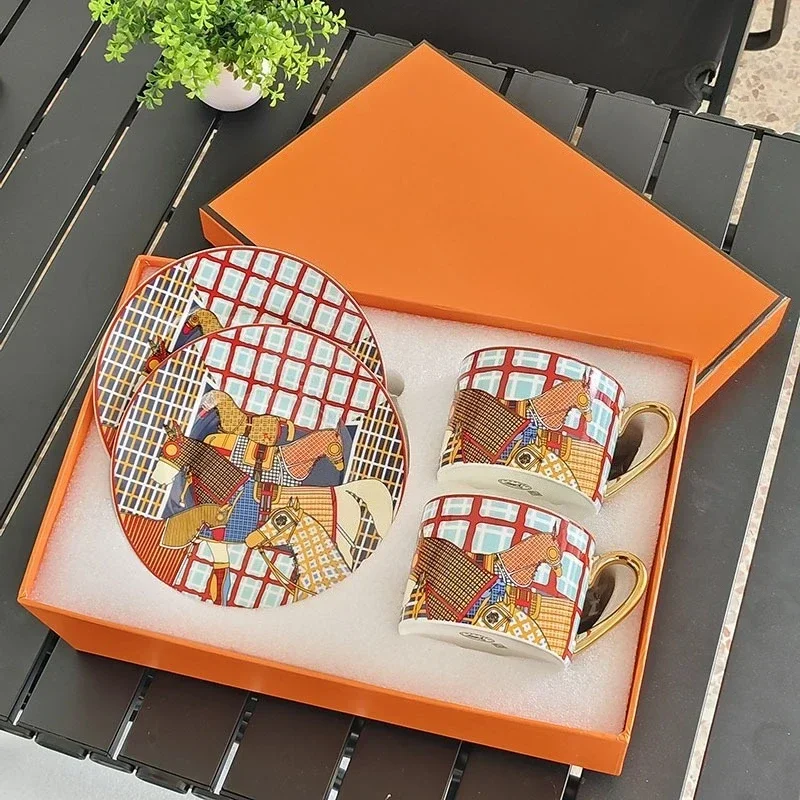 European style Western cuisine plate, fabric checkered mug plate, luxurious afternoon tea cup gift box, coffee cup plate