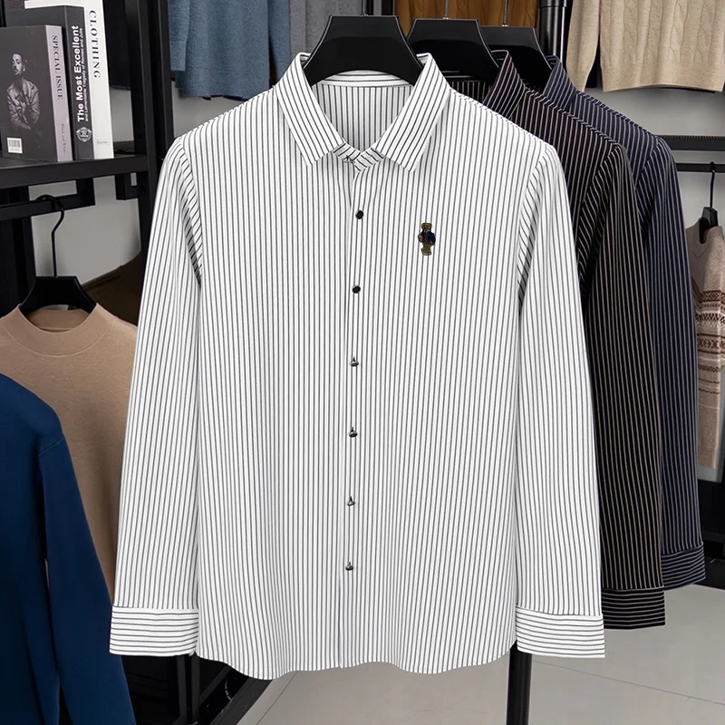 Men's Luxury Quality Embroidery Print Shirt Autumn New Color Blocking Stripes Lapel Long Sleeved Top Casual Versatile Men's Wear