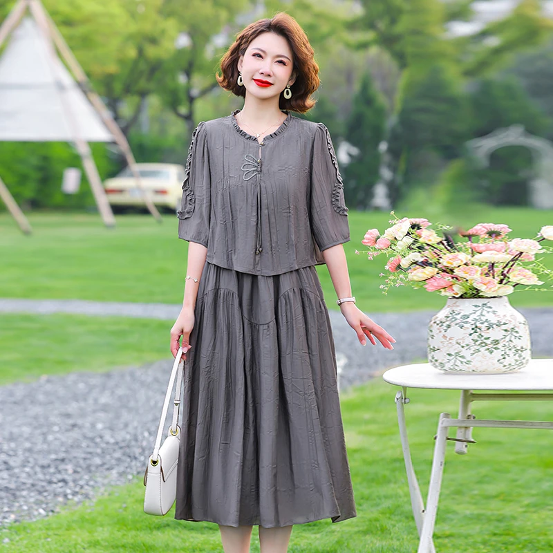 

Ele Summer Dr Mommy Faionable Wide Lady High Status New 2025 Chinese Sle Long Skirt Loose Fit Regular Sve Polye...