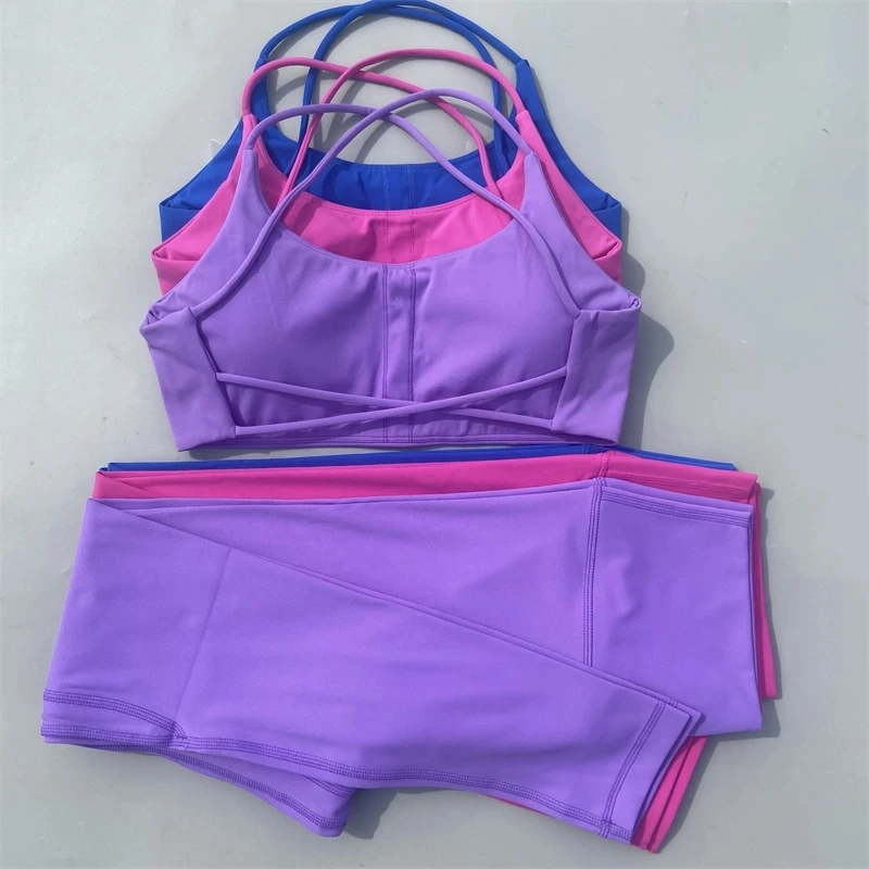 Solid Color Gym Yoga Set Women Yoga Set 2 Piece Workout Tracksuit Fitness Suit High Waist Legging Cross Back Sports Bra Athletic