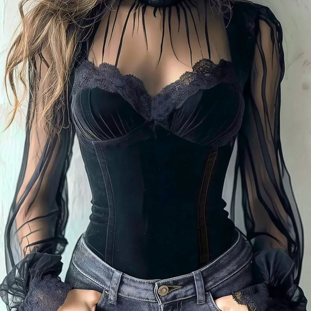 Womens Mesh Patchwork Blouse Flare Sleeve Hollow Out Lace Up Waist Slim Fit Shirt Elegant Spring Summer Casual Tops