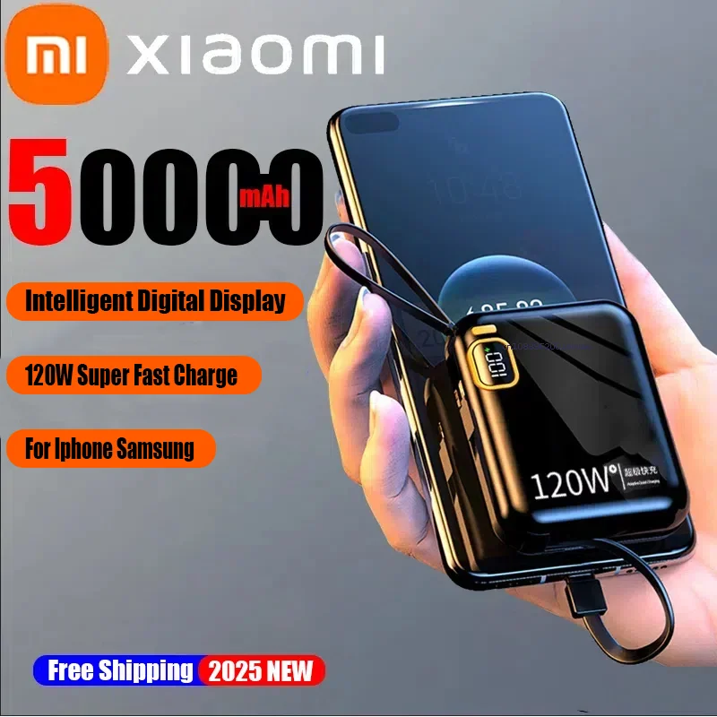 Xiaomi 50000 mAh Mini PowerBank 120 W Schnelle Lade Power Bank Tragbare Externe Batterie 2in1 Kabel Für iPhone Samsung HUAWEI