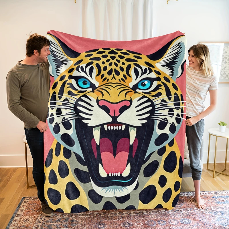 Vibrant Pink Background Jaguar Portrait Throw Blanket,Warm Sofa,Bed Lap Cover,Studio Space,Anniversary Modern Art Present