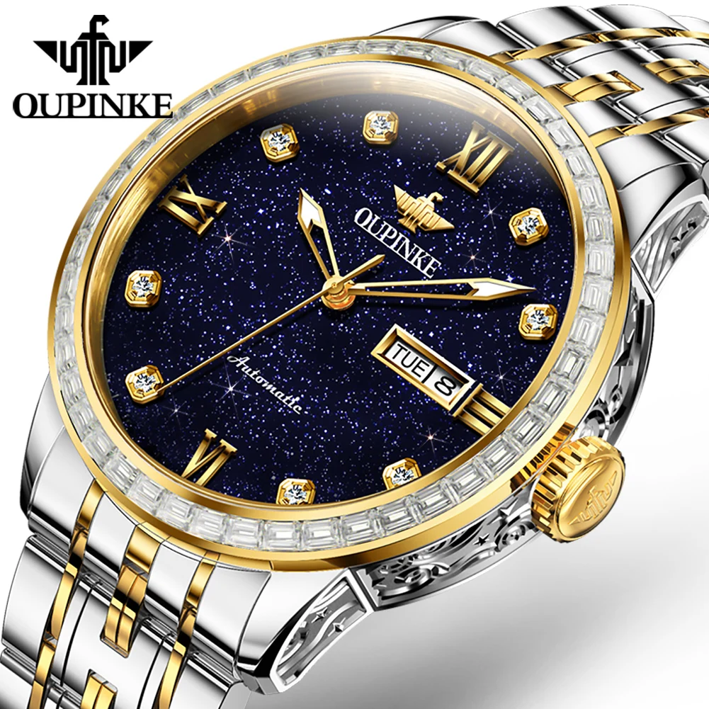 OUPINKE 3241 Men's Watches Starry Sky Steel Strap Diamond Bezel Japan Automatic Mechanical Watches for Man Luxury Wristwatch Men