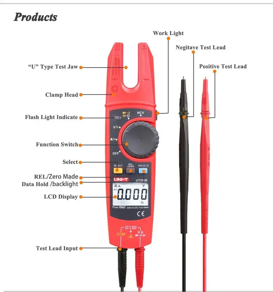 UNI-T UT256B Digital True RMS Fork Auto Multimeter 200A AC DC Current Clamp Meters NCV Tester Voltmeter Ohm Cap Auto Range More