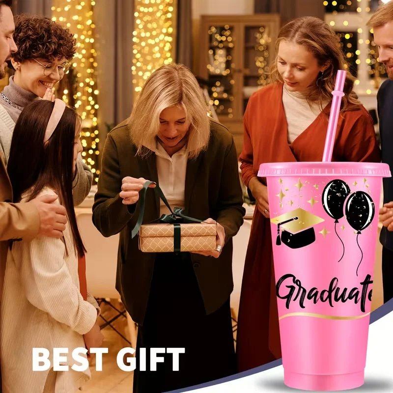 

10-Pack 26oz Colorful Plastic Cups, Festive Gold Design, With Lids & Straws, Perfect for Graduation & Holiday Parties