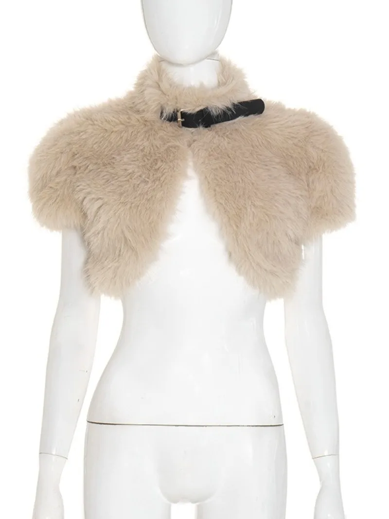 FDYOUI 여성 2025 가을 겨울 인조 모피 케이프 패션 섹시 밴디지 솔리드 판초 아우터웨어 여성 크롭 탑 코트 클럽웨어