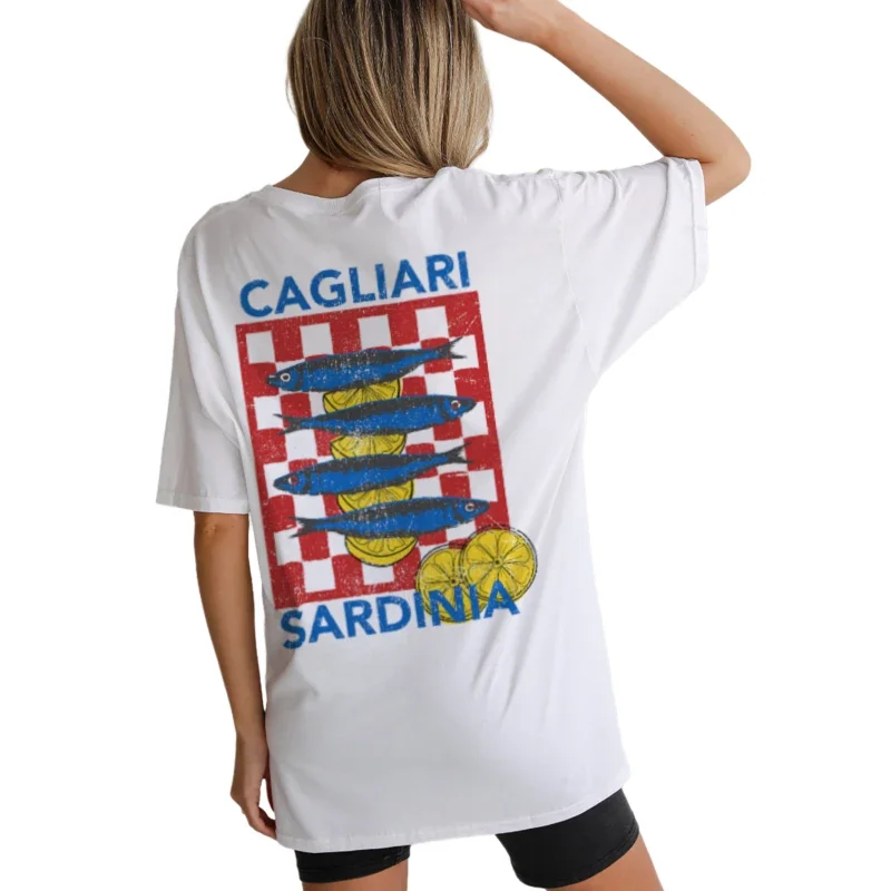 Sardine Italian Seafood Printed T-Shirt Oversized Vintage Streetwear Graphic Tees Cute Foodie Shirt Women Grunge Aesthetic Tops