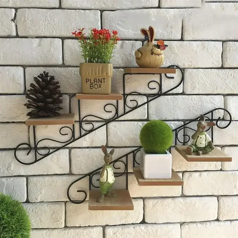 Retro Staircase Decorative Frame Wall Plant Flower Pot Tray Garden Decoracion Wall Hanging Flower Shelf Mount Home Accessories