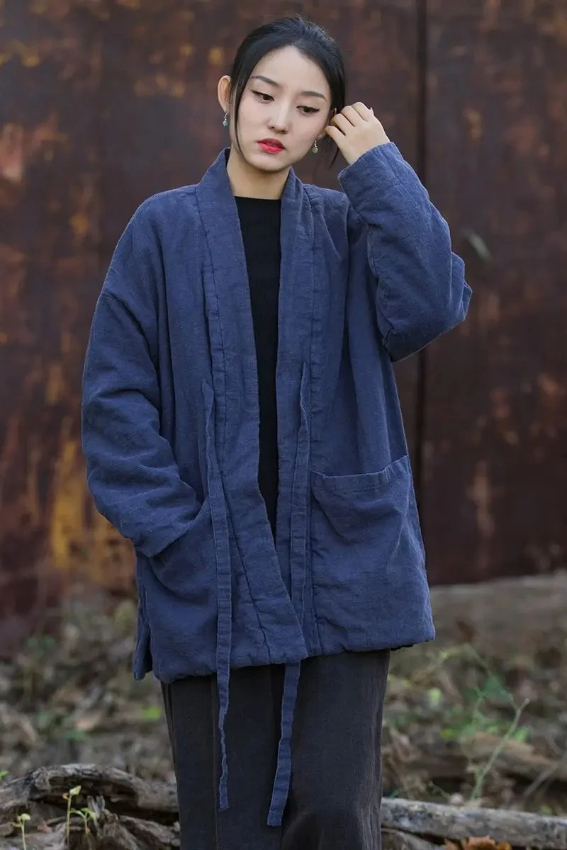 

2026 Autumn and Winter Women's Down Cotton Jacket Oversized Cotton Linen Cardigan Jacket