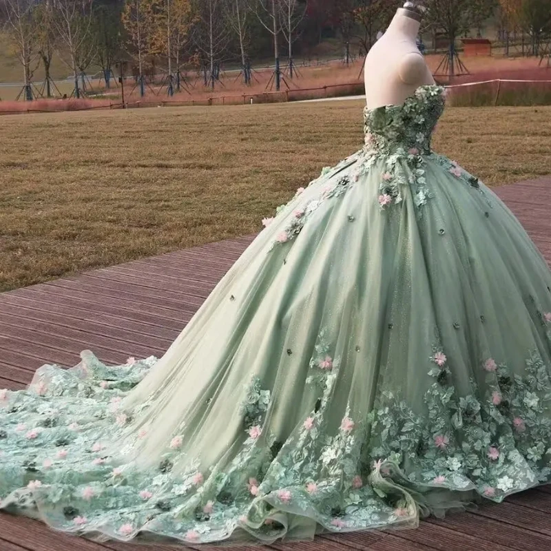 Sage Green Shiny Quinceanera Dresses Ball Gown with Train Sparkly Applique Beaded Tull Sweet 16 Dresses Vestido 15 De