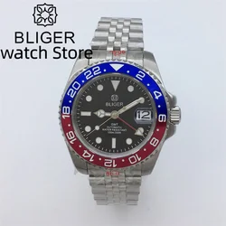 BLIGER 40mm NH34 GMT Watch For Men Mechanical Wristwatch Luminous Bezel Sapphire Glass Stainless Steel Bracelet Reloj Hombre