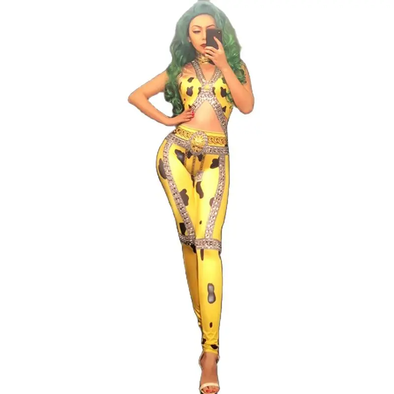 

New Women Sexy Stage Nightclub Costumes for Singer Yellow 3D Printed Sparkling Crystals Nightclub Dj Gogo Jumpsuit Custom-Made