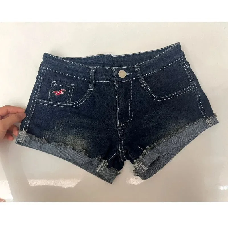 شورت أمريكي ريترو داكن منخفض الخصر مكبل من قماش الدنيم المرن للفتيات الساخنة، شورت ساخن رفيع