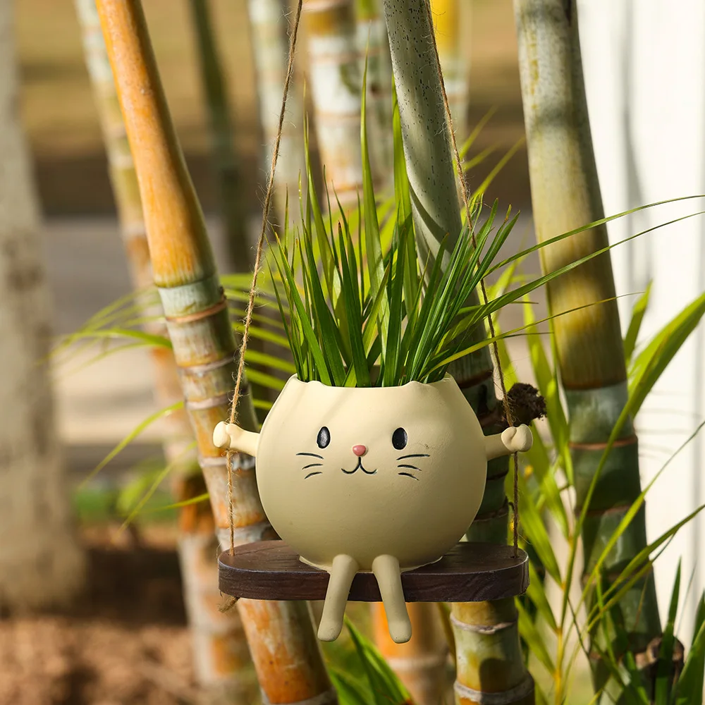 

1pc Resin Hanging Planter Pot Rustic Succulent Plant Holder Smiling Face Design With Swing Base Outdoor Garden Indoor Home Decor