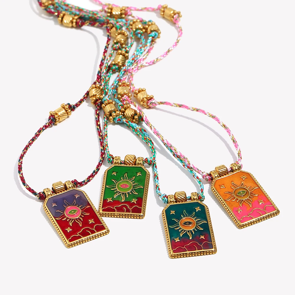 E.B.belle New Hand Woven Colored Rope Enamel Tarot Sun Pendant Necklace Gold Plated Stainless Steel Women Neck Jewelry