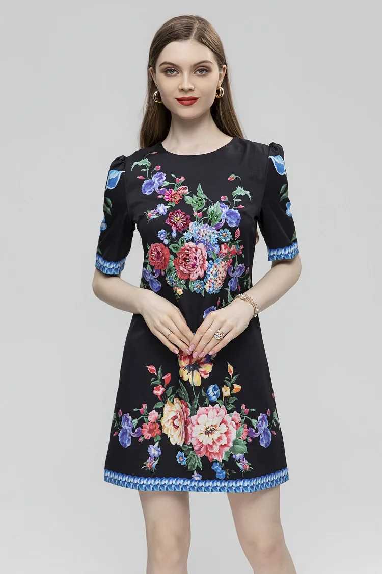 

2023 Fashion Designer Summer Loose Fit Vestidos Women's O-Neck Short Sleeve Diamonds Beading Gorgeous Floral Print Mini Dress