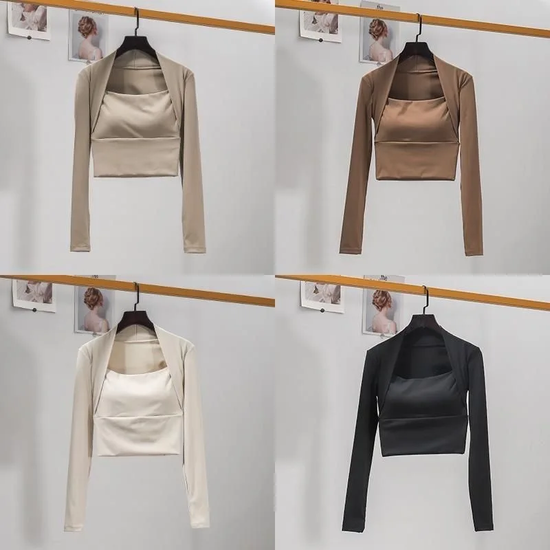 Fitness Chest Cushion Sports Top Women Long Sleeve Shirts Pra Speed Up Short Elegant Dance Yoga Clothes Small Waistband Gym