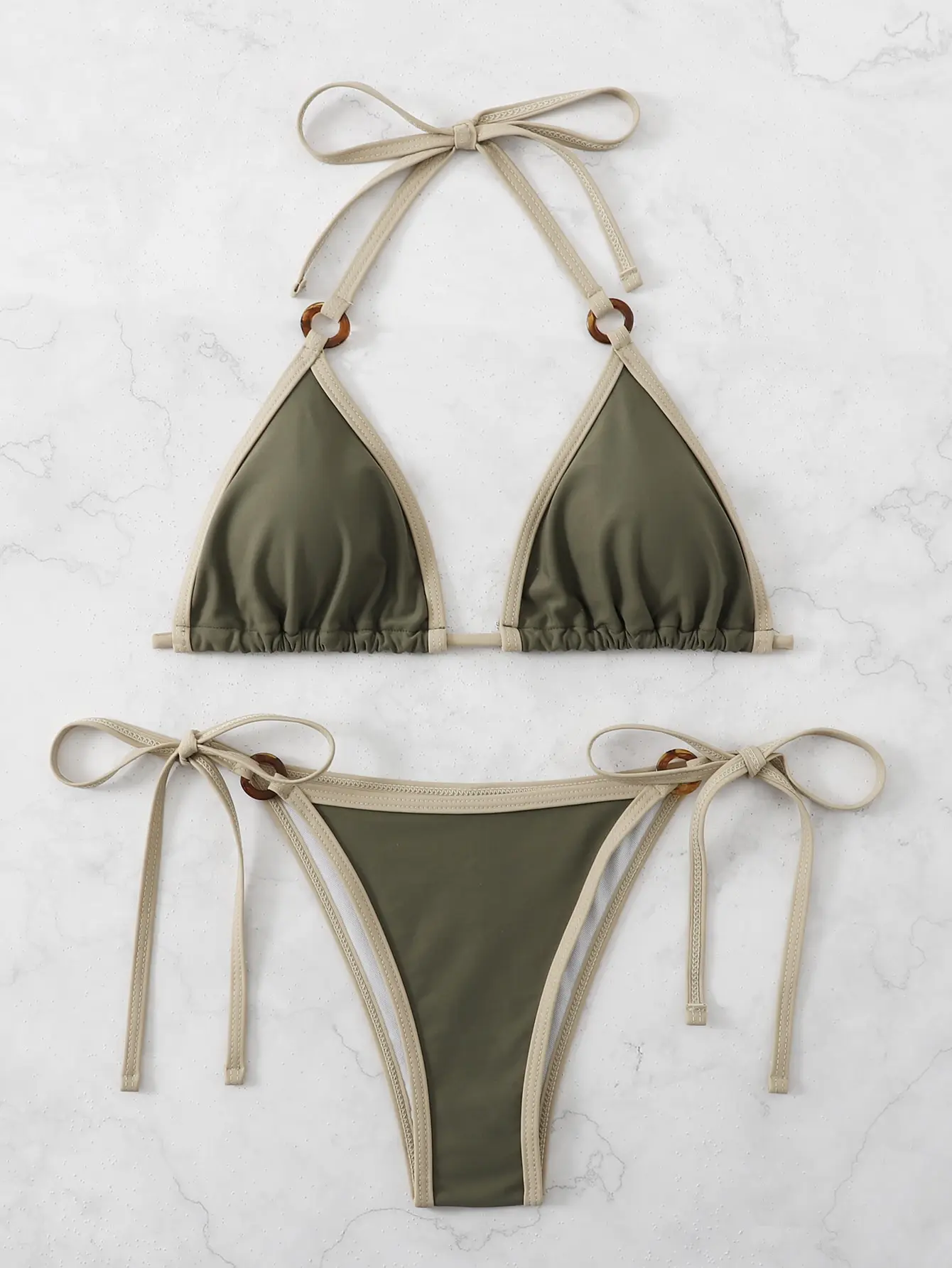 Contrast Binding Ring Bikinis 2025 Women Sexy Halter Swimsuit Triangle Swimwear Female Bathing Suit Swimming Summer Beachwear
