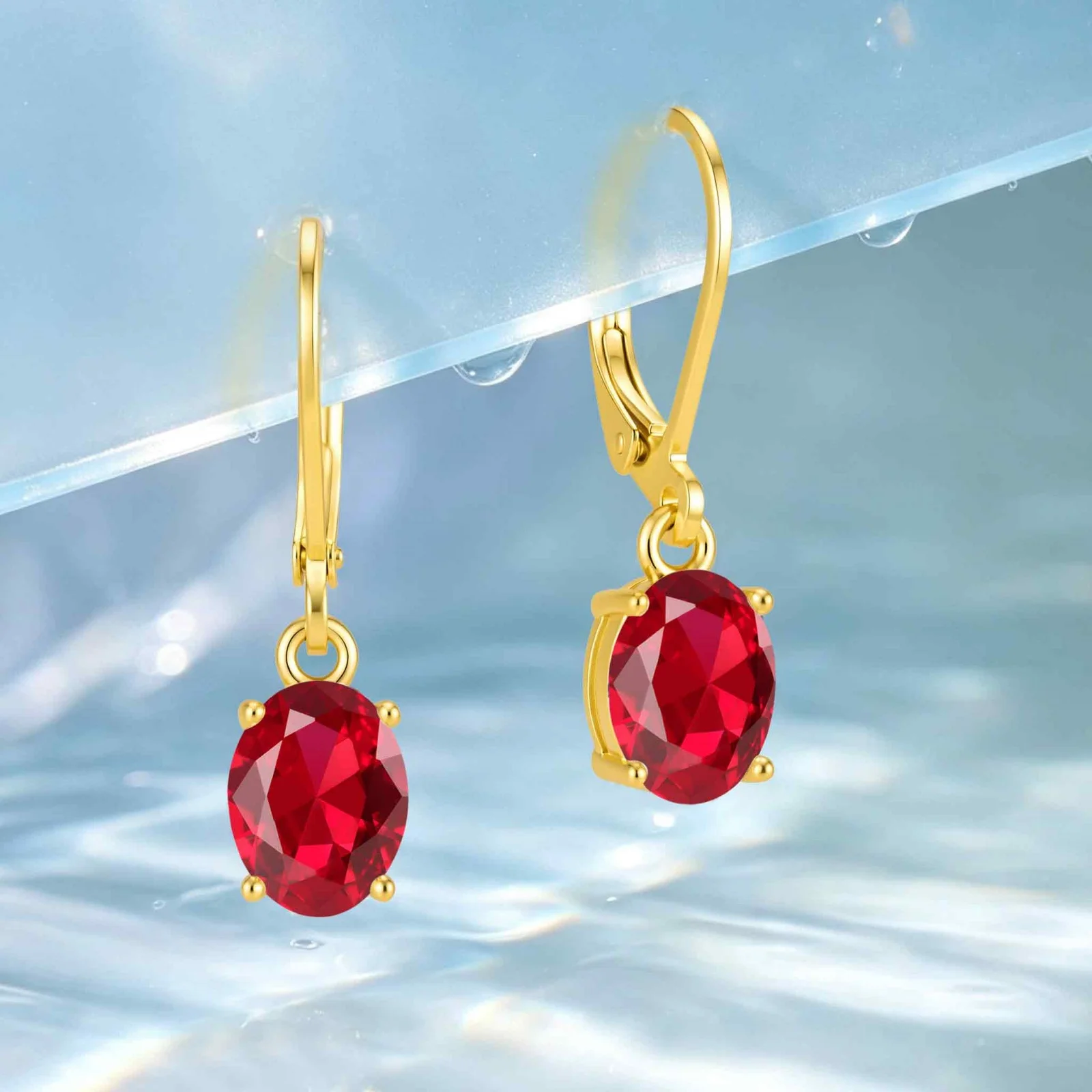 LAMVOICE 18K Golden Plated 4 prong Oval Synthetic Ruby Leverback Dangle Earrings,Hypoallergenic Anti‑Tarnish Women Jewelry