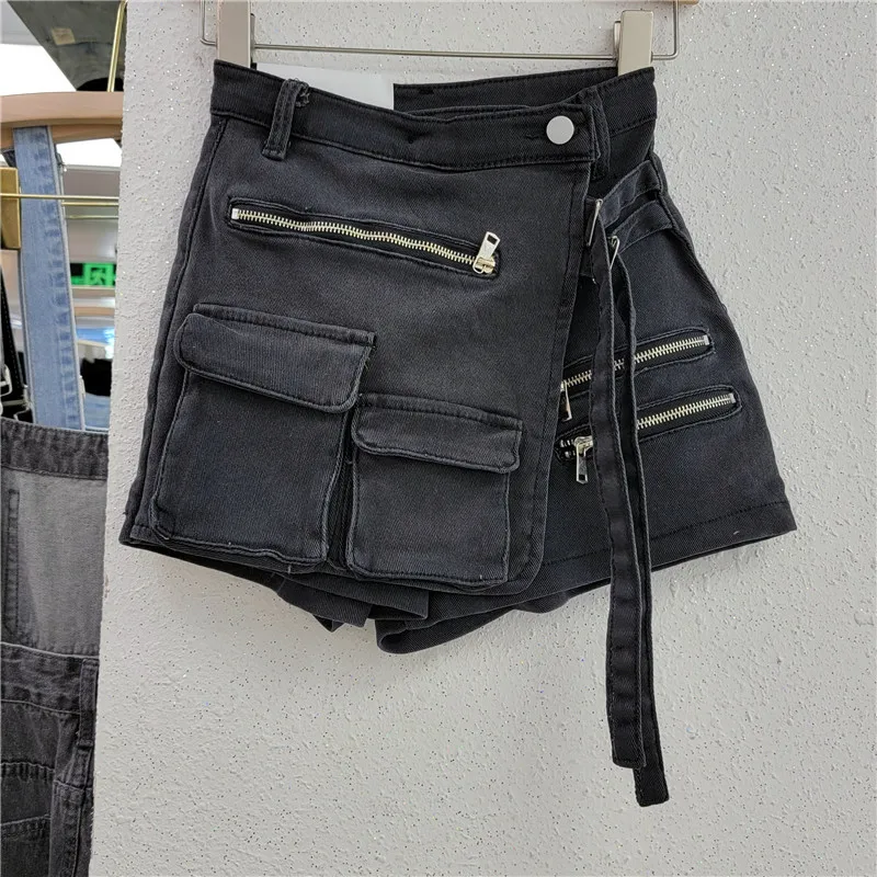 Calça de saia jeans feminina na rua, design retrô irregular, shorts de lazer soltos, verão, novo, 2024