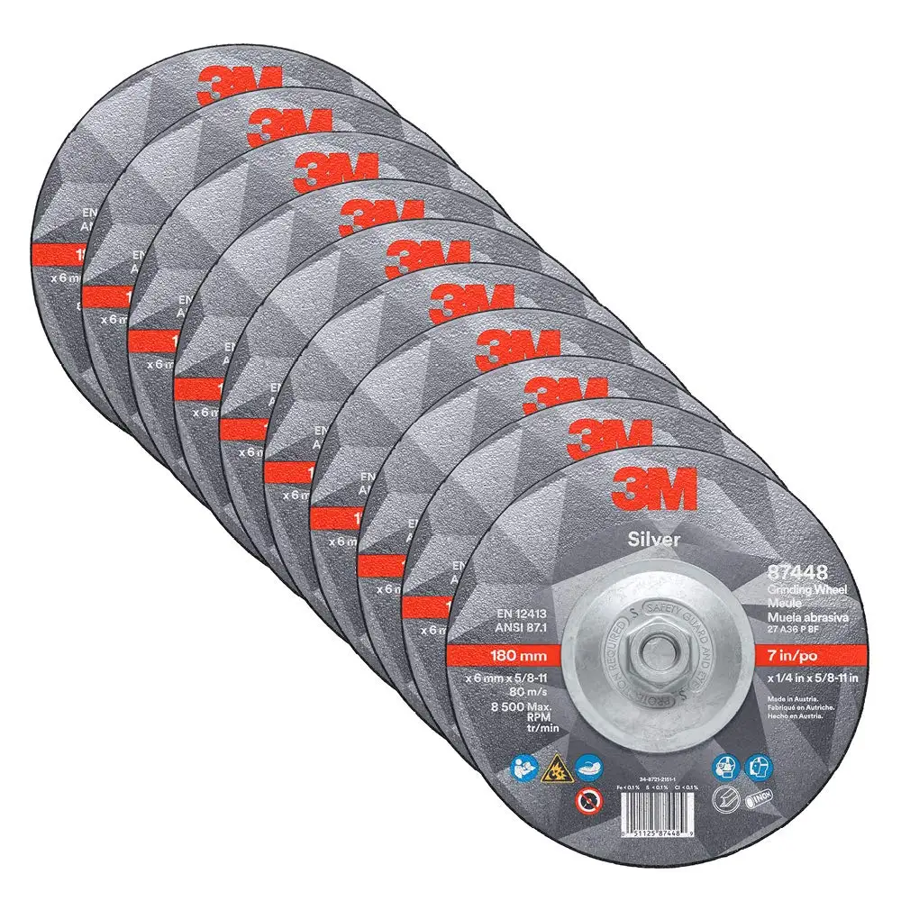 

Silver Depressed Center Grinding Wheel, 87448, T27 Quick Change, 7 in x 1/4 in x 5/8 in-11, Pack of 10, Deburring Edges, Heavy Stock Removal, Stainless Steel, Mild Steel, Right Angle Grinding