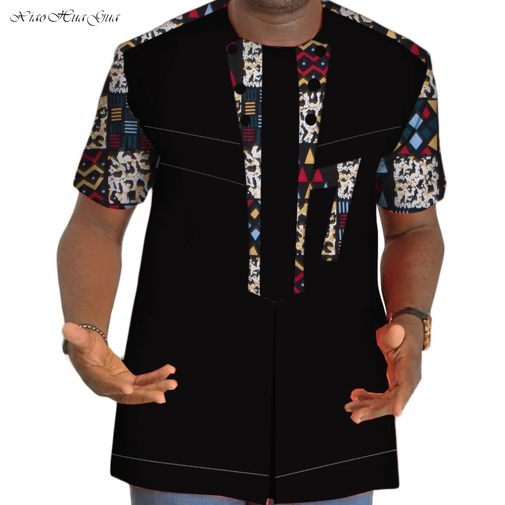 Summer Dashiki Shirt Cotton Men Shirt Tee African Clothing Patchwork Print Short Sleeve Shirt Bazin Riche African Clothing WYN89