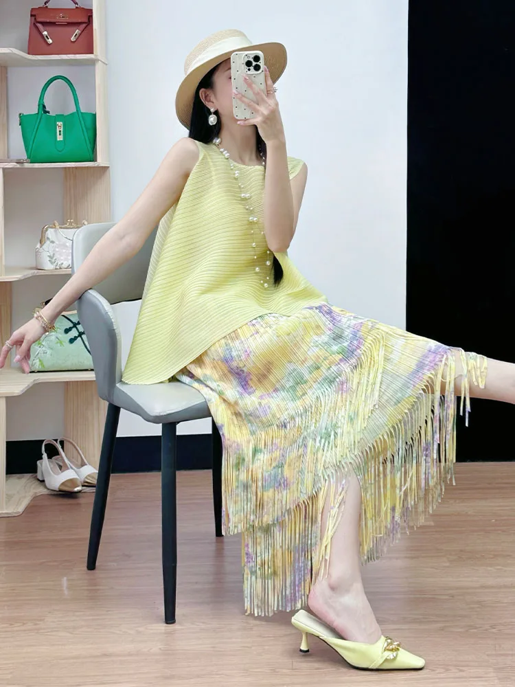 

Флуоресцентно-желтый асимметричный летний комплект без рукавов с цветочным кружевом, повседневный стиль, полиэстер, дышащий, комфортный, для женщин